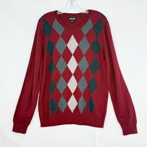 Apt.9 Sweater Mens Size L Red Long Sleeve Argyle V-Neck Pullover Top Merino Wool